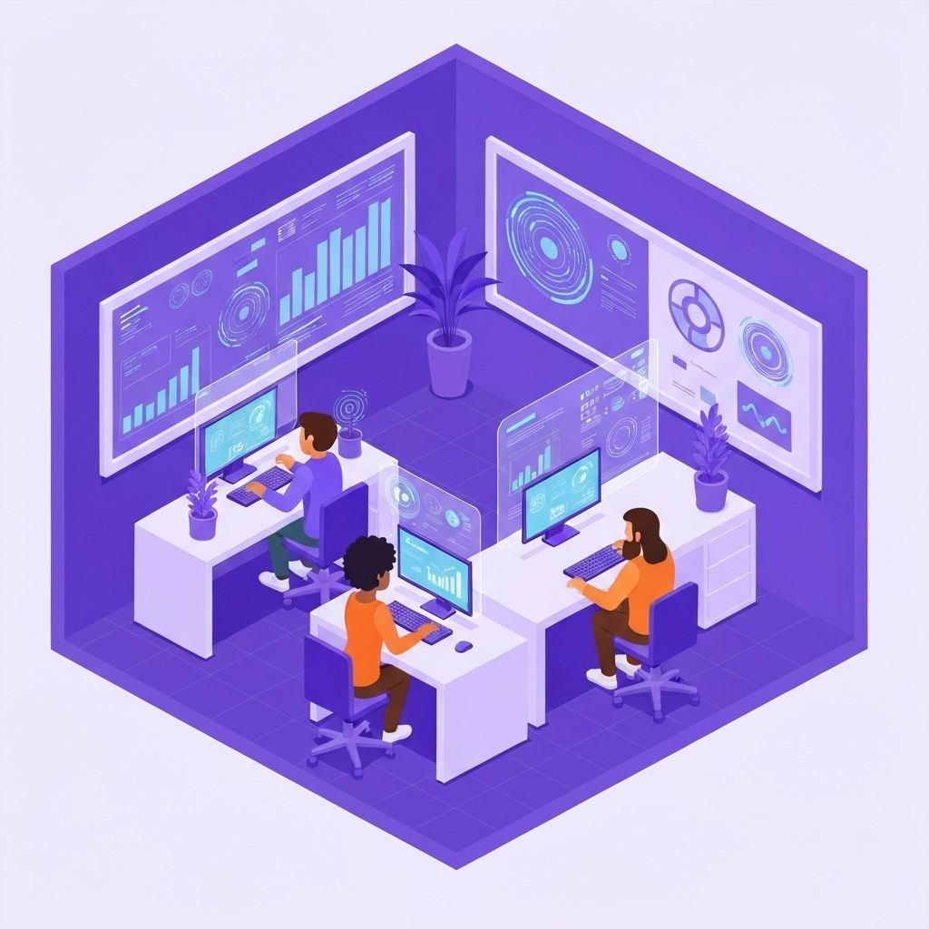 Isometric 3D illustration of people working with technology
